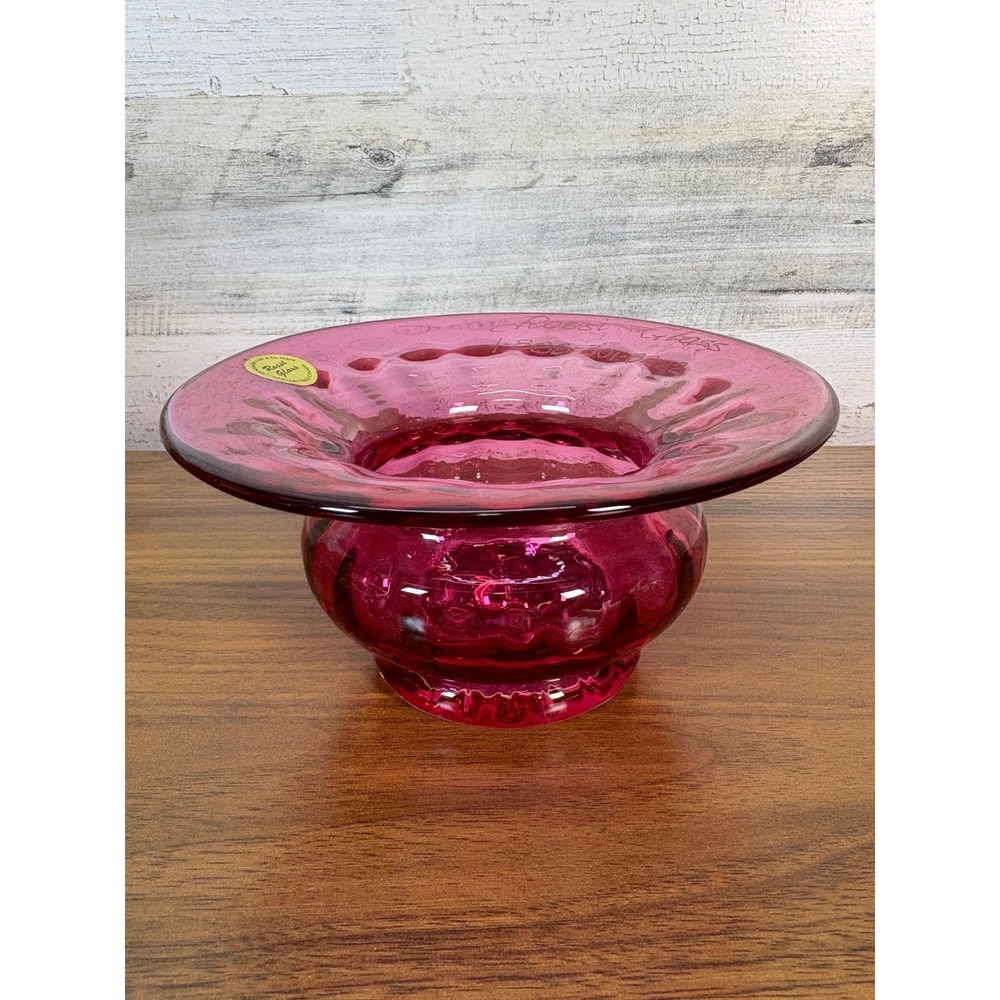 Rossi Glass Cranberry Glass Relish Bowl Etched‎ SIGNED shallow wide-mouthed
